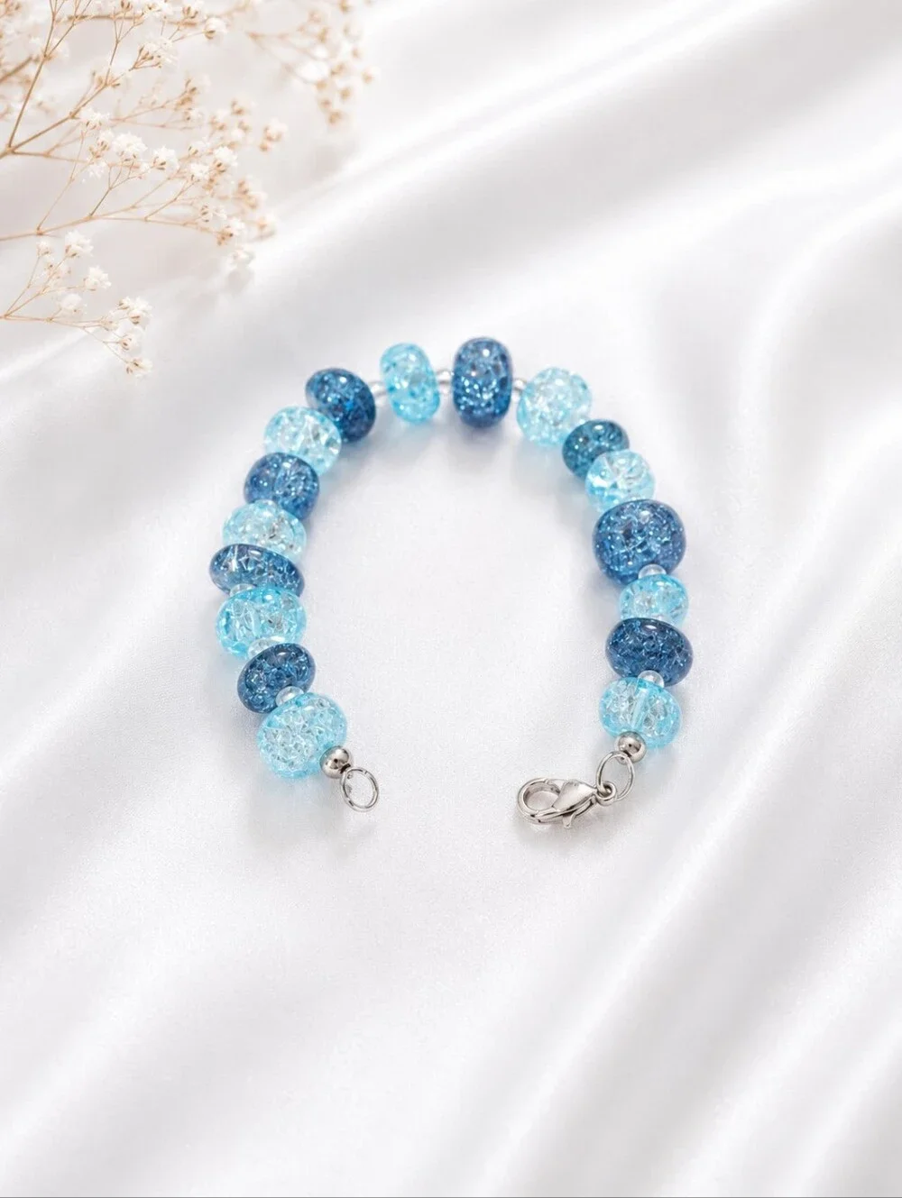 Blue and Aqua Crackle Glass Beaded Bracelet - 8 Inch / Handmade Beaded Bracelet